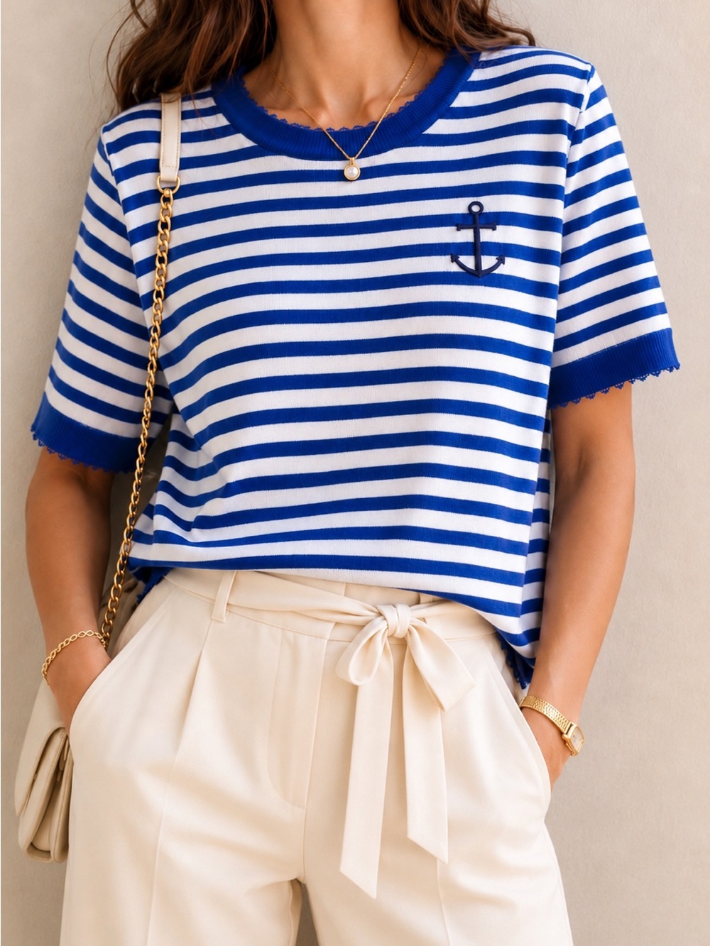 Minnie Rose Distressed Stripe Cotton Cashmere Knit Tee Boxy Blue White Large NWT